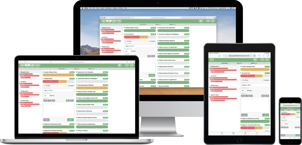 Flexible Homeschool App on a laptop, desktop, tablet and phone.
